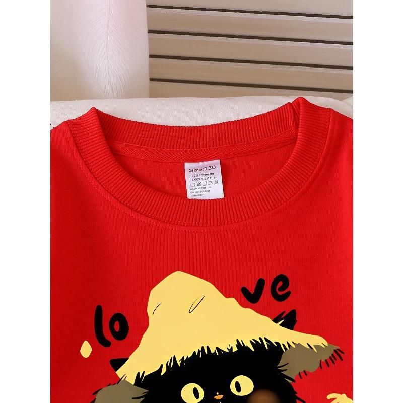 European sizes Girls' Soft Crewneck Sweatshirt, Cute Black Cat with Straw Hat Love Print, Casual All-Match, Ideal Holiday Present