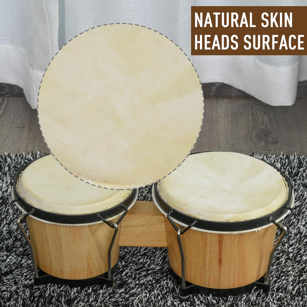 Wooden Bongo Drum Set diameter 7.75" & diameter 7" w/ Drum Head, Percussion Instrument, Drums, Tuning Wrench For Adults Beginners