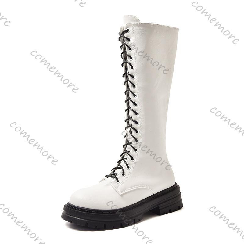 Fashion Comemore Women's Boots 2025 Autumn Winter New Platform Lace Up Knee High Boots for Women Fashion Black White Thck Heel Botas