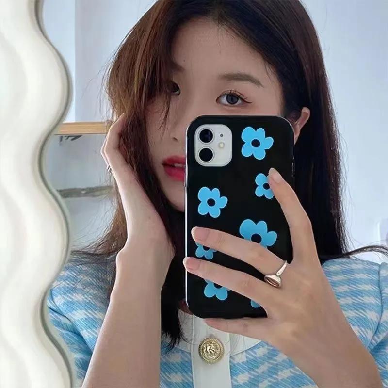 INS Fashion Blue Flower Phone Case For IPhone 16 Pro 15 14 13 12 11Promax XS XR 7 8 Plus Fashion Anti Fall Minimalist Cover Y2k