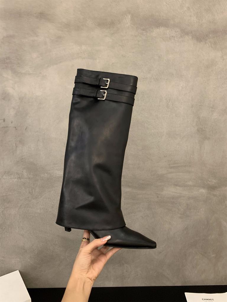 Pointed high-heeled brown Maillard medium boots women's shoes 2025 new spring and autumn winter trousers long tube knight boots