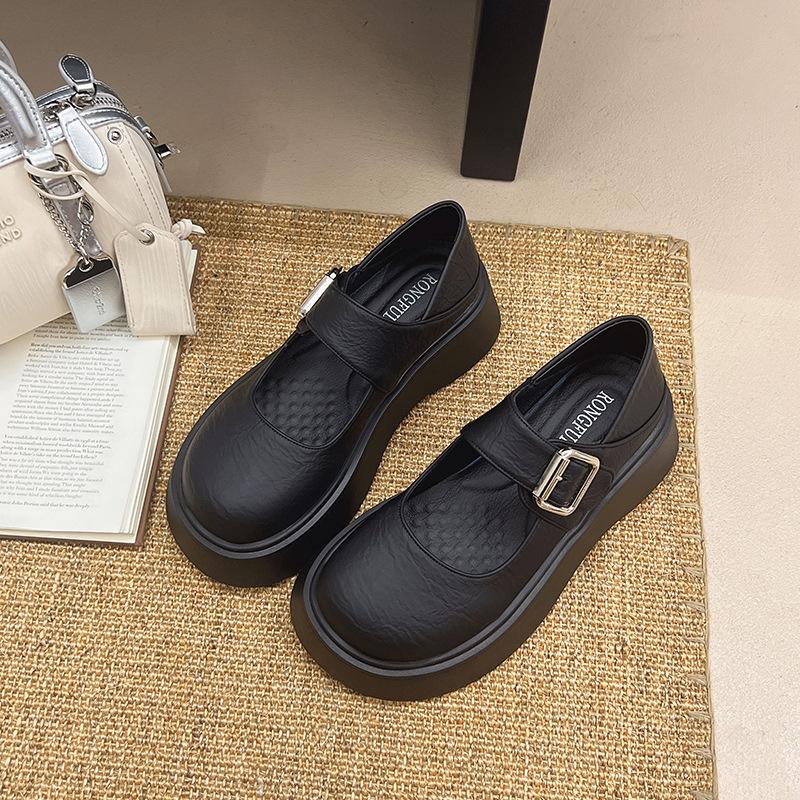 British style retro round head shallow mouth one-word single shoes spring new fashion increase height show long legs Mary Jane small leather shoes