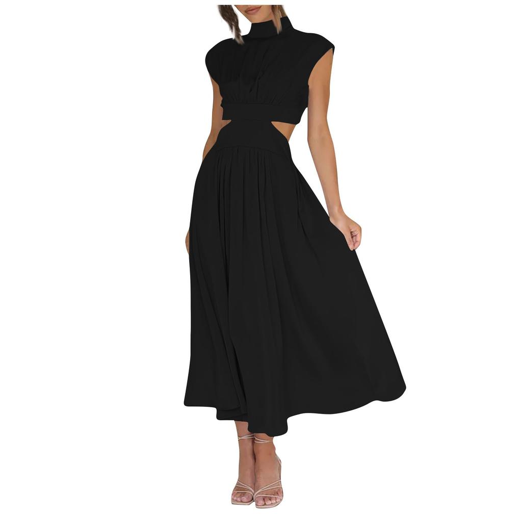 Women's Color Casual High Neck High Waist Maxi Pocket Open Waist Maxi Dress