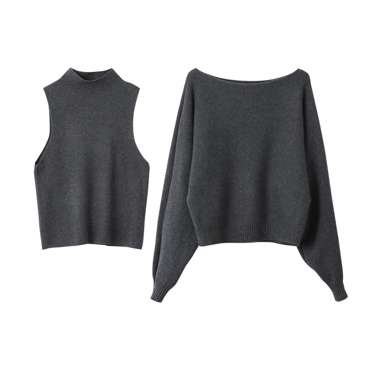 

Ou Fan Merlot High Neck Vest + Off-the-Shoulder Raglan Sleeve Pullover Set One Size
