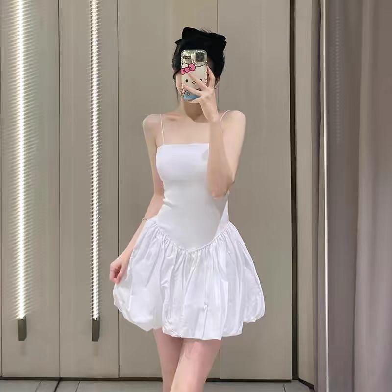 

Летнее элегантное сексуальное цельное платье Y2k без рукавов, женское повседневное однотонное облегающее платье трапециевидной формы с оборками, женская вечерние без бретелек, плиссированная пляжная женская одежда M белый