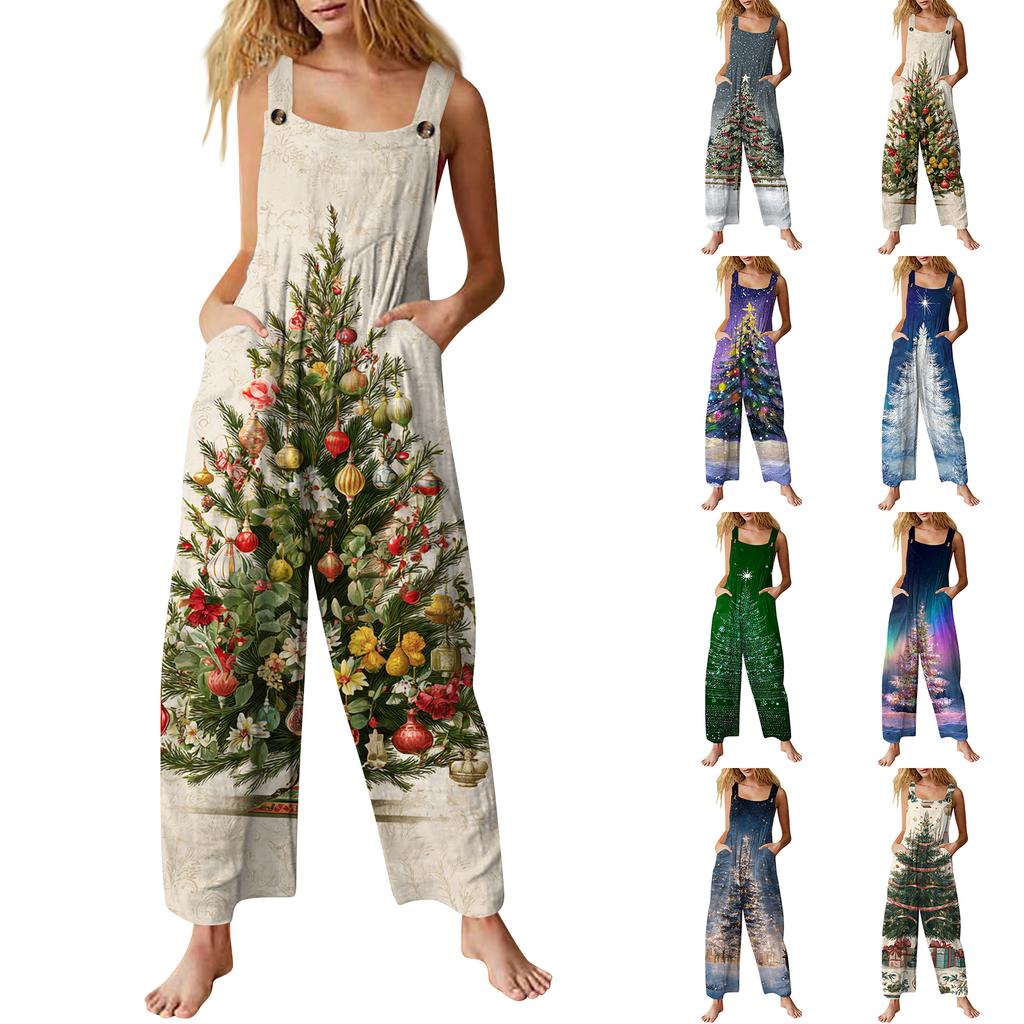 Women's Casual Jumpsuit Sleeveless Christmas Printed Cotton Jumpsuit