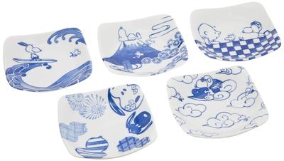 Yamaka Shoten SNOOPY Blue and White Square Adult Microwave and Dishwasher Perfect for and Made In "PEANUTS" Plate, 12.5cm, 5-Pattern Set, Design,