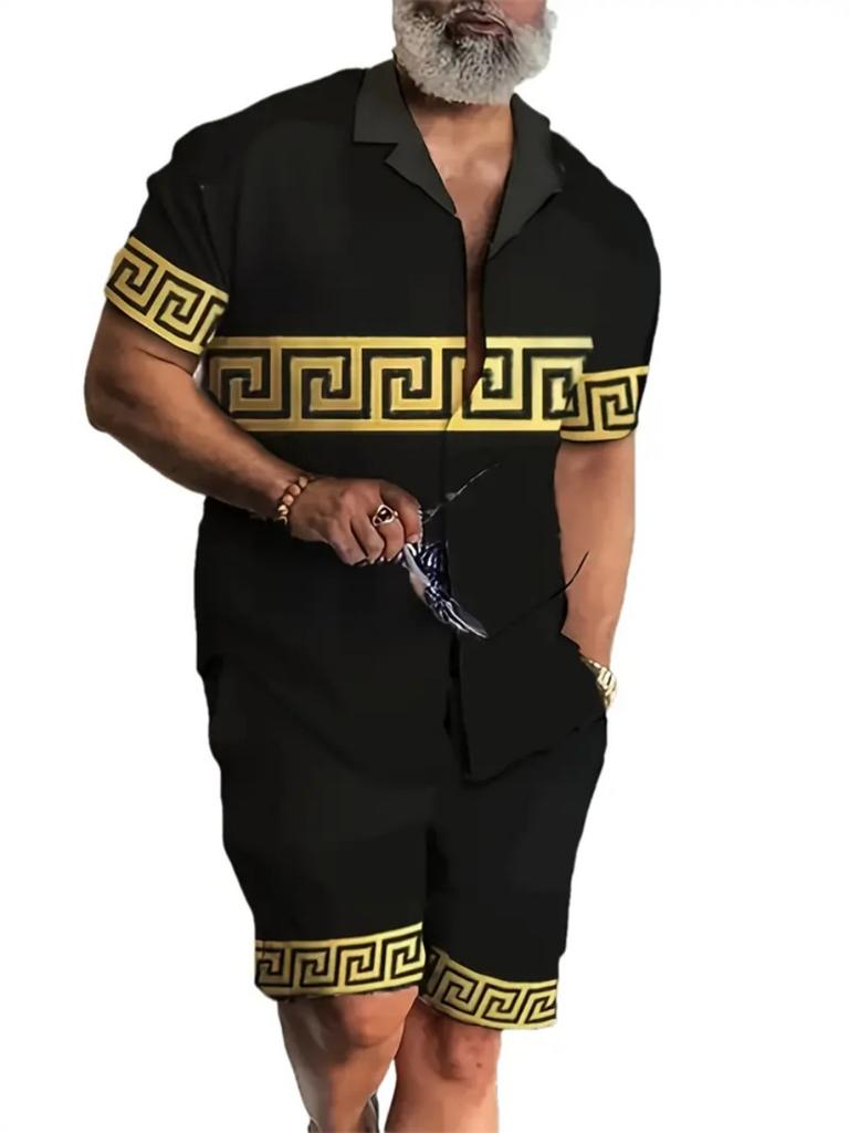 Men's New Hawaiian Short-Sleeved Shirt Shorts Set Summer Daily Travel Shirt Beach Casual Drawstring Shorts Jungle Print Set