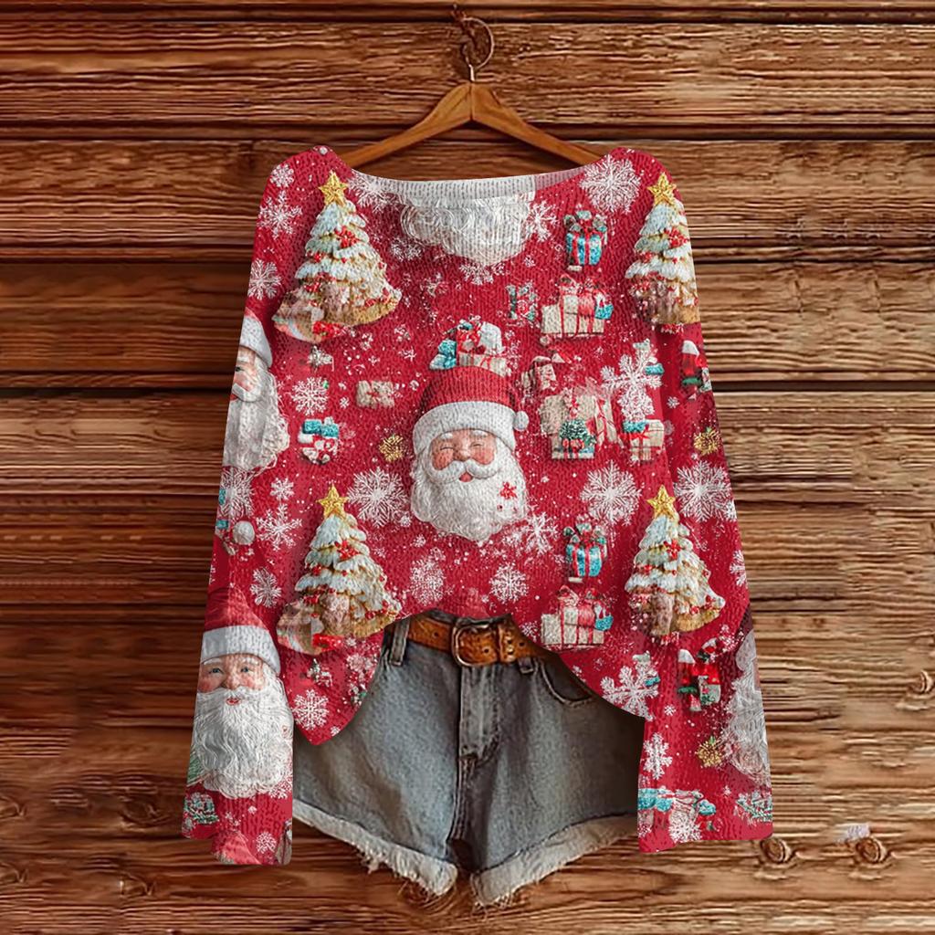 Ladies' Fashionable Casual Long Sleeved Christmas Printed Round Neck Knitted Yarn