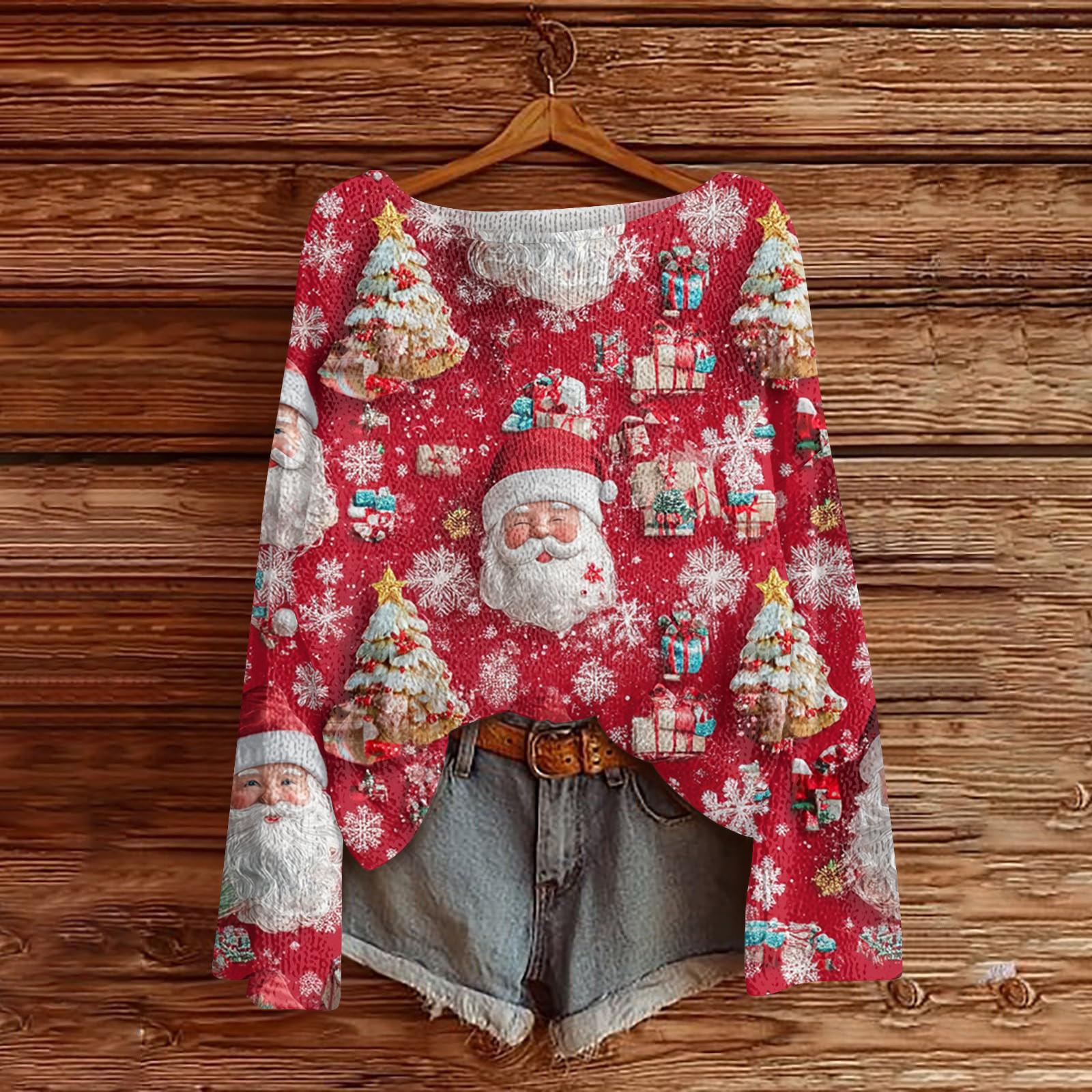 

Женский модный повседневный трикотажный свитер с длинным рукавом и рождественским принтом, круглый вырез L винный