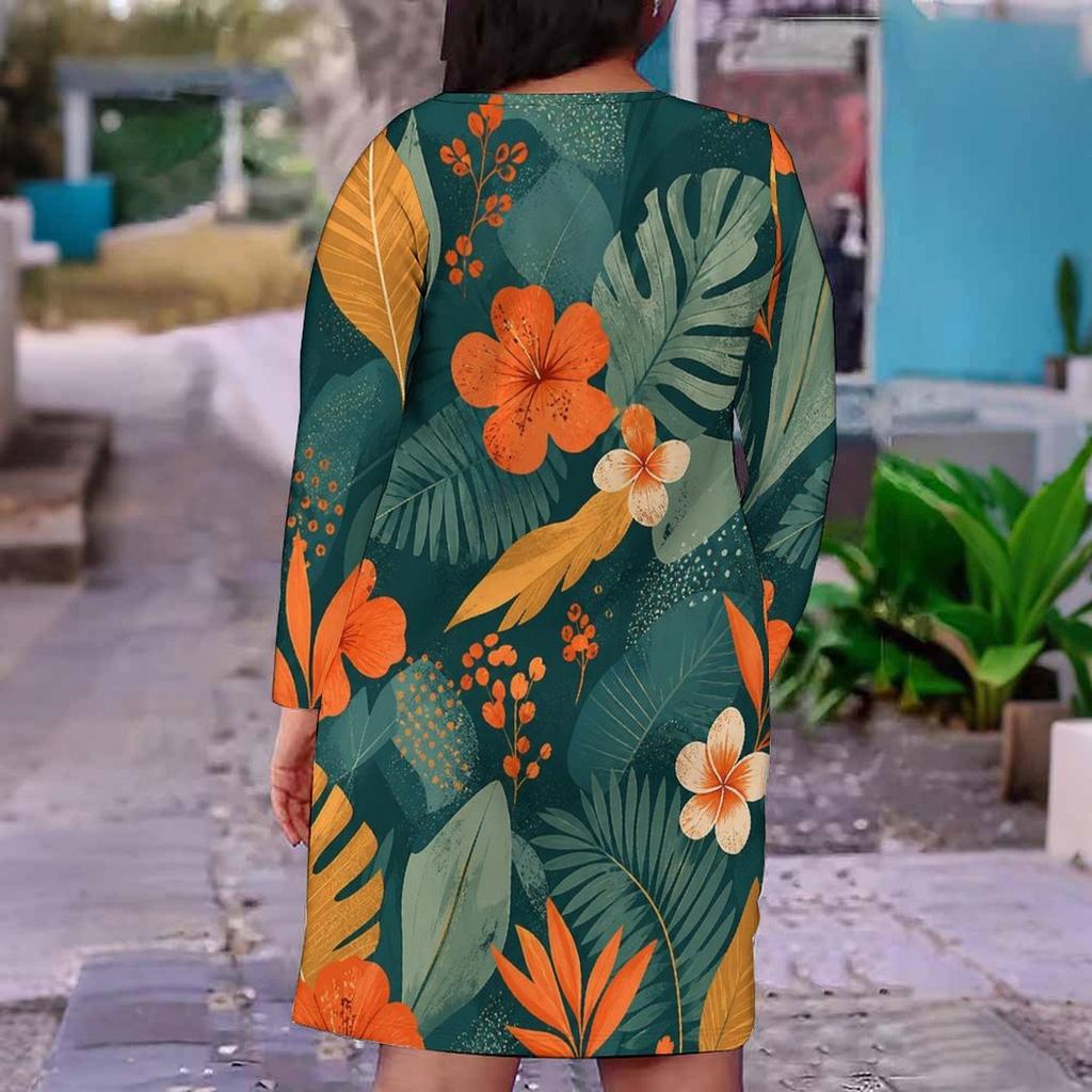 Women Plus Size V Neck Long Sleeve Red Floral Printed Fitted Straight Hem Dress