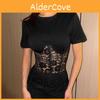 Tshirt Women Spring Summer Lace Panel Short Sleeve Casual Top For Fashion Enthusiasts