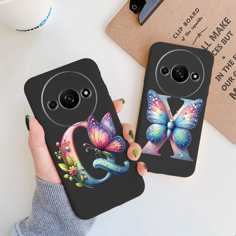 Handyhülle für Xiaomi Redmi A3 4G A3x Rosa Buchstabe Blume Schmetterling Stoßfest Weiches Silikon Cover Kameraschutz TPU Fundas