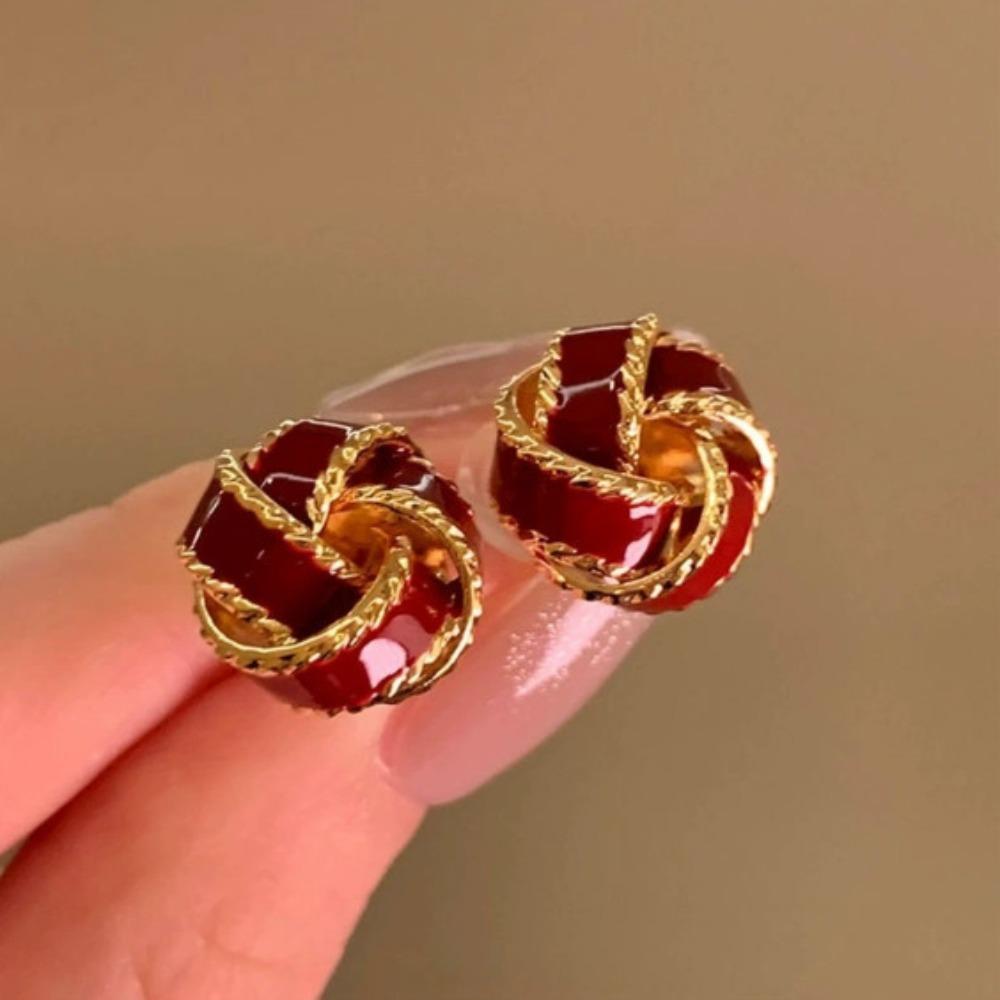 Vintage Rose Pearl Ear Studs Geometric Autumn Winter Earring Wine Red New Year Earring  Sweater