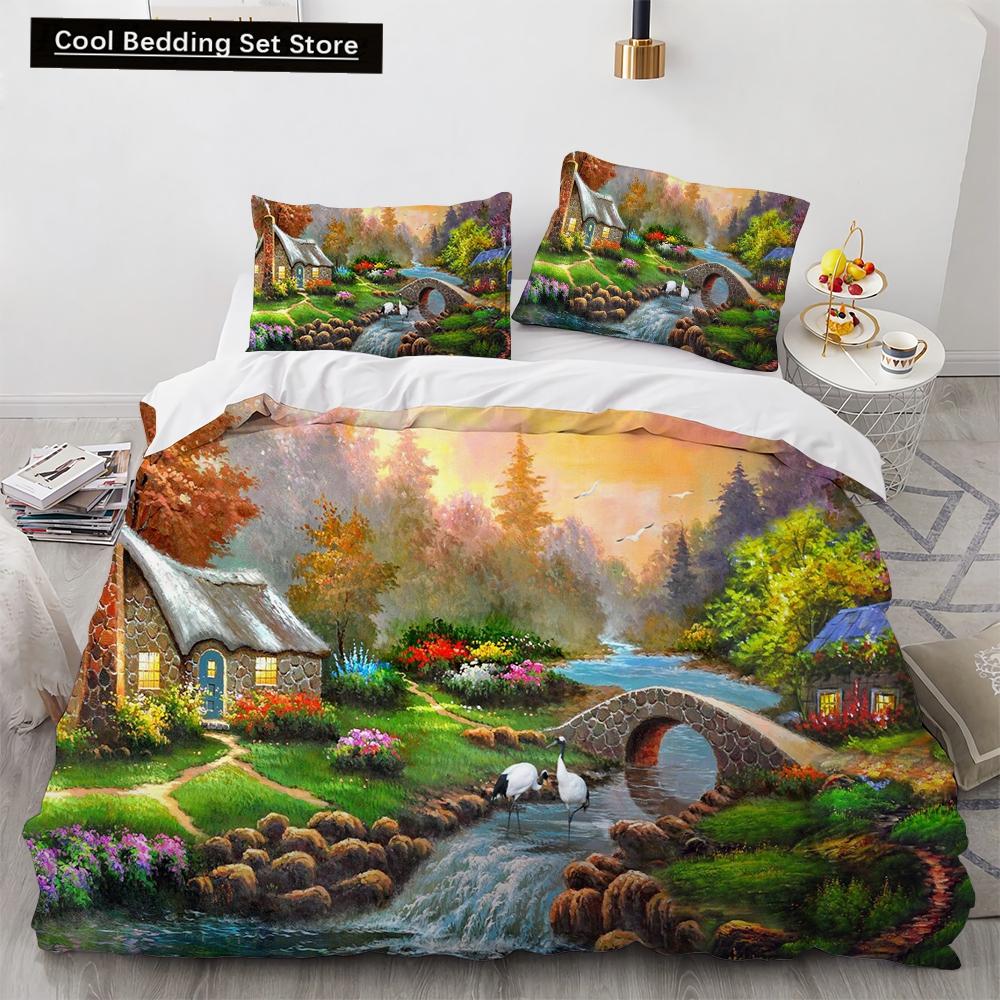 Oil Painting King Queen Duvet Cover Vintage Building Landscape Bedding Set for Adults Retro Art 2/3pcs polyester Quilt Cover