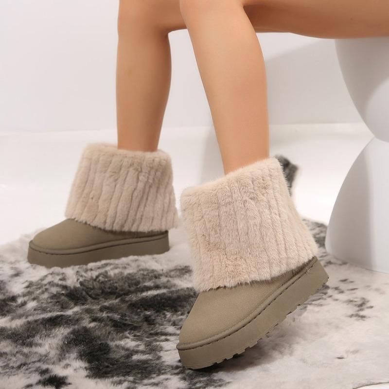 New Thick-soled Round-toe Flip-up Hairy Short Snow Boots Women's Warm Thickened Cotton Shoes