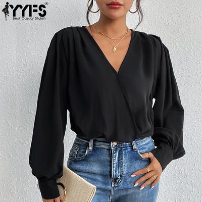 Women's Fashion Casual Solid Color Print Spring Autumn Long Sleeve V-Neck Pullovers & Long Sleeves