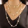 Double Layer Long Necklace for Women Camellia Pearl & Rose Flower Maxi Sweater Chain Plastic Beads Jewelry