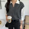 ZANZEA Women Turn Down Collar Casual Stripe Splice 3/4 Sleeve T-shirts Blouse
