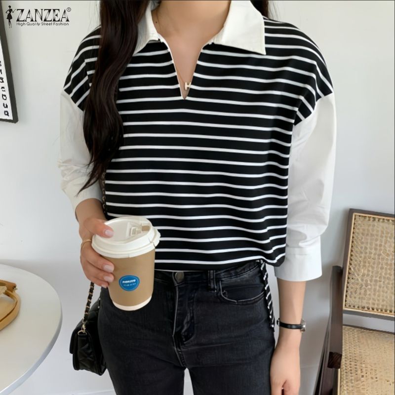 ZANZEA Women Turn Down Collar Casual Stripe Splice 3/4 Sleeve T-shirts Blouse