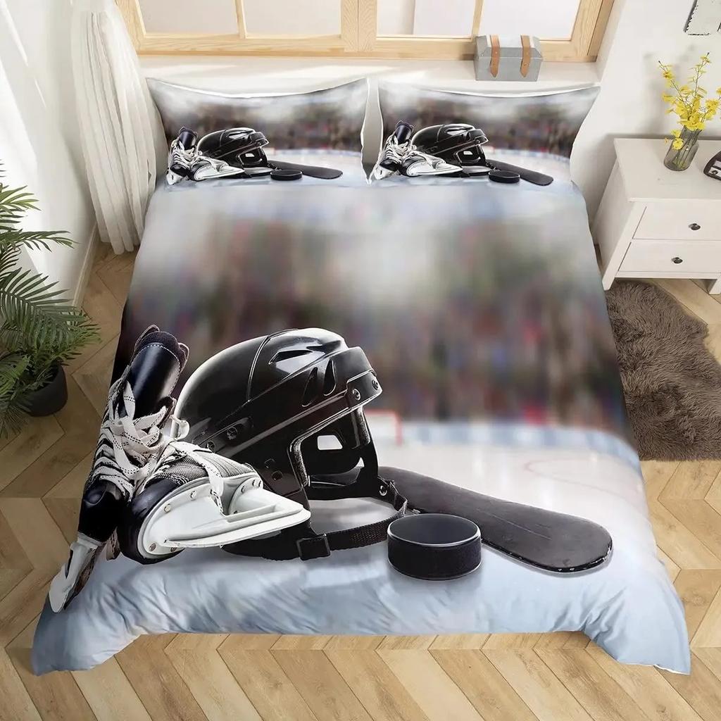 Eishockey Bettbezug-Set Full Queen Größe, Geometrisches Karo Patchwork Stilvolles Bettwäsche-Set, Athlet Wintersport Bettdeckenbezug