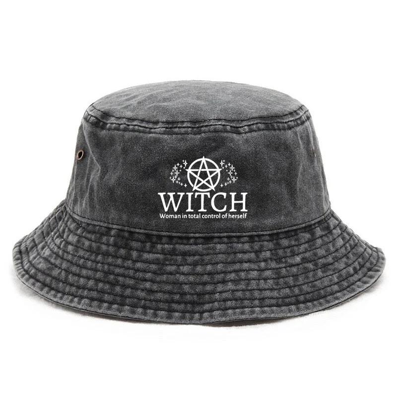 

Witch Pentagram Washed Denim Bucket Hat for Men Women Vintage Y2K Sun Hat Streetwear Fisherman Cap чорний