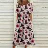 Women Halloween Print Casual Crew Neck Pocket Dress Short Sleeve Loose Fit Holiday Themed Midi Dress Comfortable Style