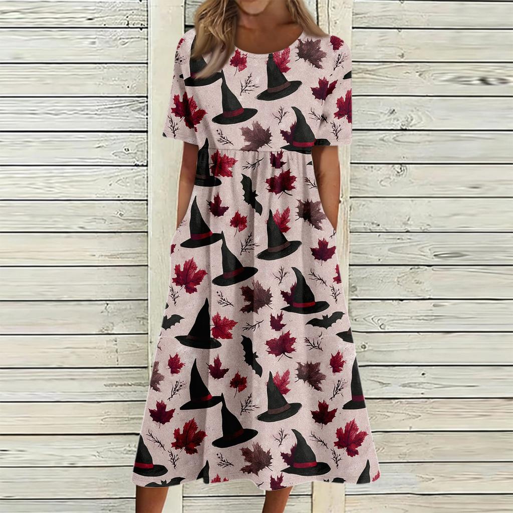Women Halloween Print Casual Crew Neck Pocket Dress Short Sleeve Loose Fit Holiday Themed Midi Dress Comfortable Style