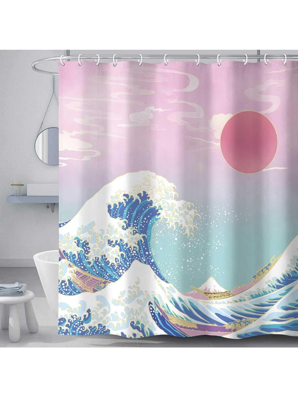 

Japanese Asian Art Shower Curtain, Girl Pink Sunset Golden Kanagawa Bath Curtains, Wave Sea Anime Painting Fabric Polyester W60H190(CM)-1 Pcs