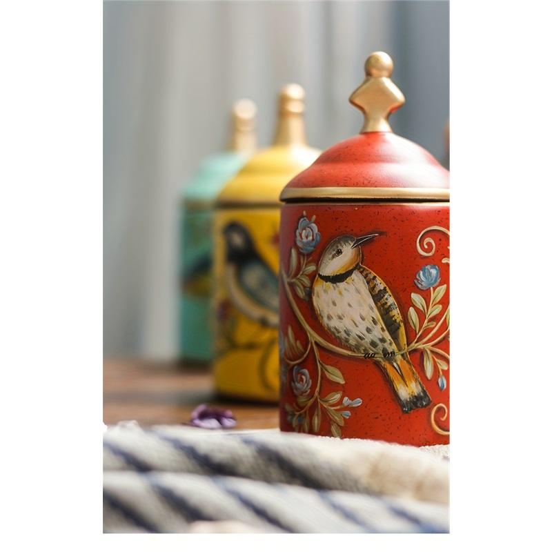 1pc Decorative Ceramic Storage Jar with Lid, Bird Design, Food-Safe Porcelain Tea/Coffee Canister