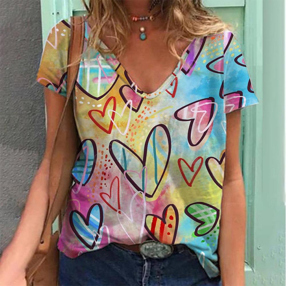 Renkli kalp 3D baskı T Shirt kadın Retro kısa kollu v yaka t-shirt Y2k üst Harajuku streetwear büyük boy Tee kız elbise