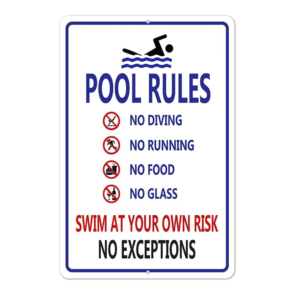 PC Pool Rules D Iron Tin Sign  No Diving No Running No Peeing Metal Painting for Outdoor Backyard Swimming Pool Wall Decor