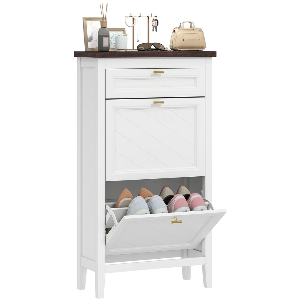 Shoe Cabinet with 2 Flip Drawers, Farmhouse Narrow Shoe Storage Cabinet with Adjustable Shelves, White
