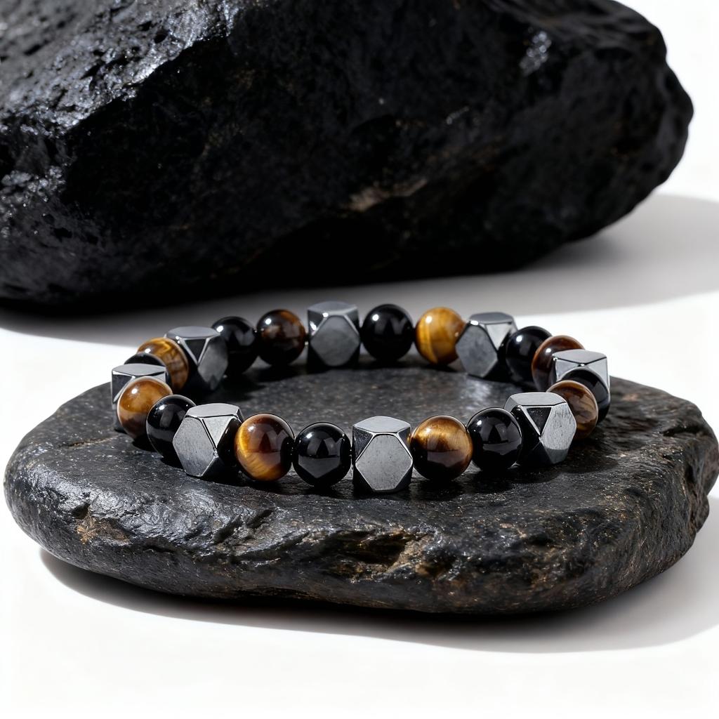 0.31 Inch Natural Stone Beaded Bracelet for Men, Tiger Eye Hematite Punk Protective Bracelet