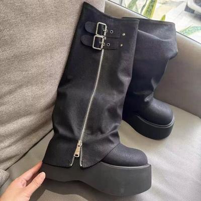 Fashion New Ladies Chunky Motorcycle Boots Soft Leather Ankle Mid Calf Boots Autumn High Platform Wedge British Booties Botas Para Mujer