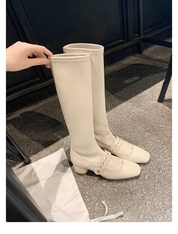 Spot Second Hair! Fashion Versatile New Square Head Rivet Rear Zipper Medium and High Elastic Boots Women's Thin Short Boots