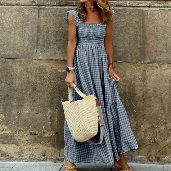 Square Collar Sleeveless Ruffle Trim Summer Dress Plaid Print Stitching Large Hem