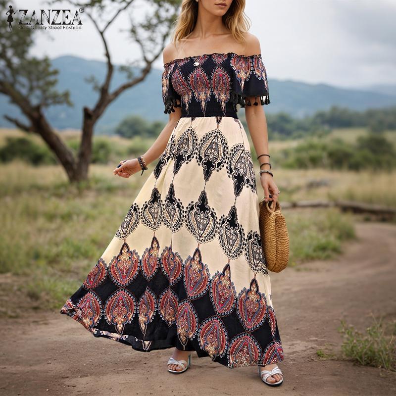 ZANZEA Women Casual Off Shoulder Short Sleeve Bohemian Print Long Dress