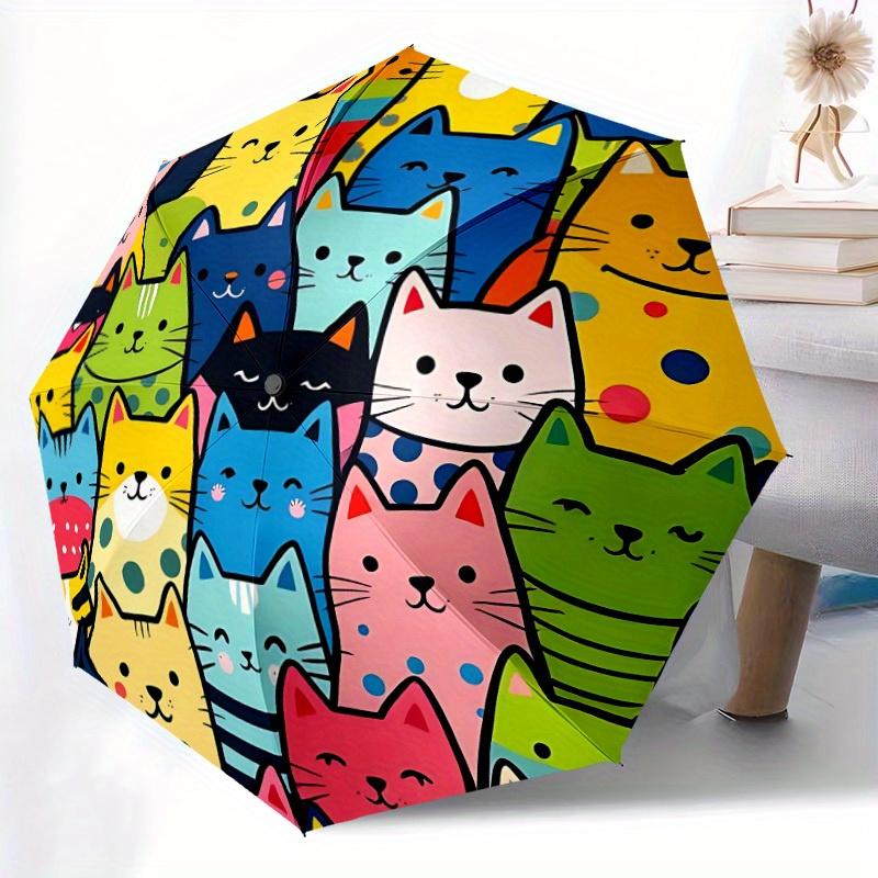 1pc Colorful Cats Automatic Folding Umbrella - 8-Rib Iron Frame, Windproof, Portable Sunshade with Plastic Handle for Travel & Outdoor Activ