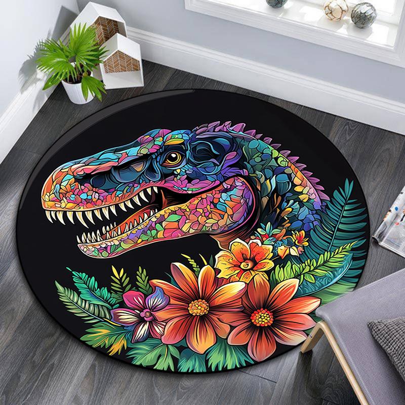 Colorful Dinosaur Round Area Rug,Carpet Rug for Living Room Bedroom Sofa Playroom Decor,Non-slip Floor Mat