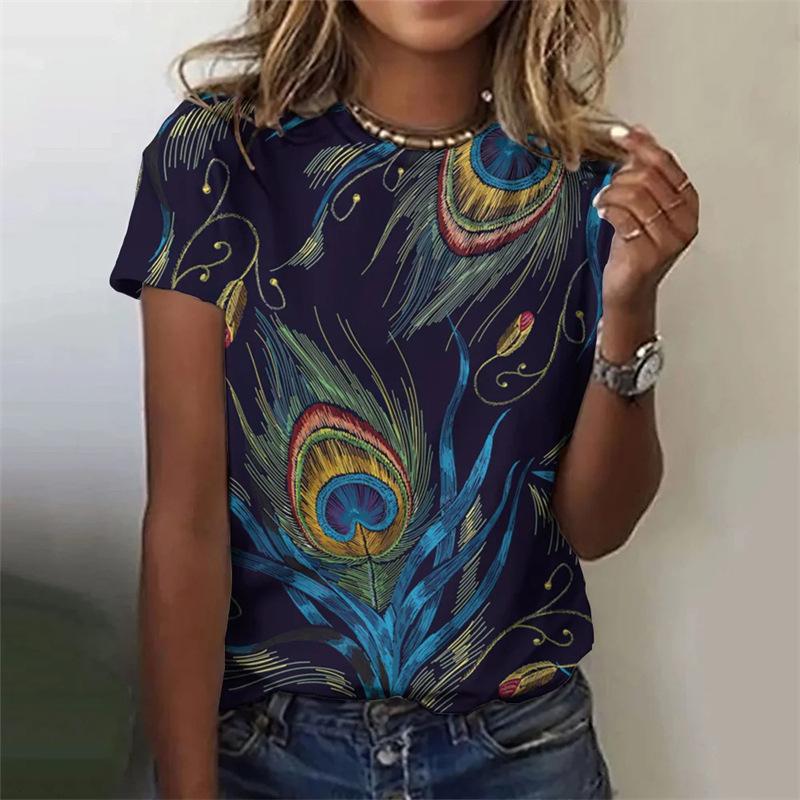 Feather Short Sleeved T-shirt 3D Printed Clothing Animal Art Women's T-shirt
