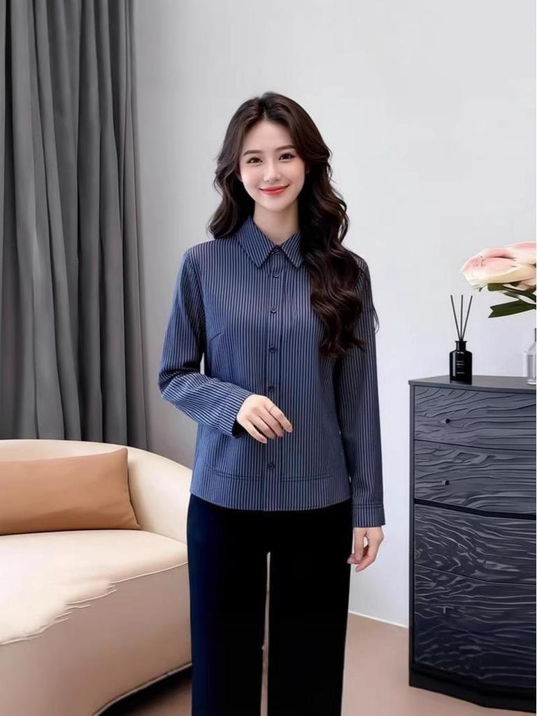 2025 Women's Fleece-Lined Long-Sleeve Shirt - Autumn/Winter Vertical Stripes, Lapel, Warm & Versatile for Commuting