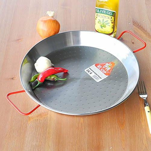 EL CID Spanish Paella Pan with Red Handle, Professional Paella Pan with Recipe, 34cm, Serves 6