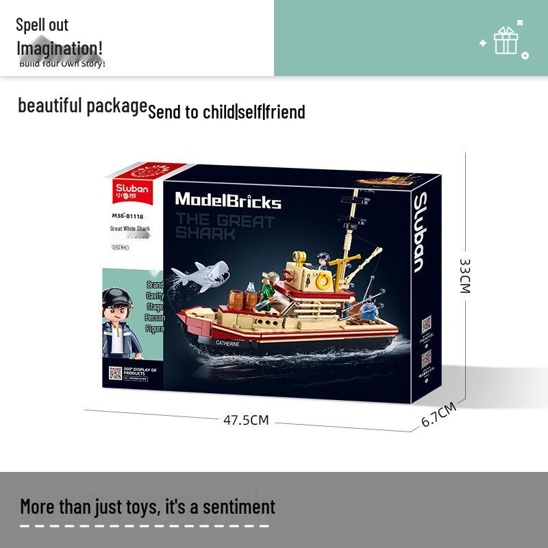 Xiao Luban Great White Shark Fishing Boat & Tank Building Blocks Model Set for Boys