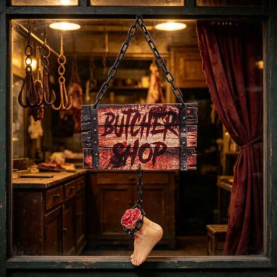 Halloween Hanging Butcher Shop Sign Sign, Horror Broken Leg Decoration Suspended Simulated Body Parts Wall Pendant for Haunted House Party Atmosphere