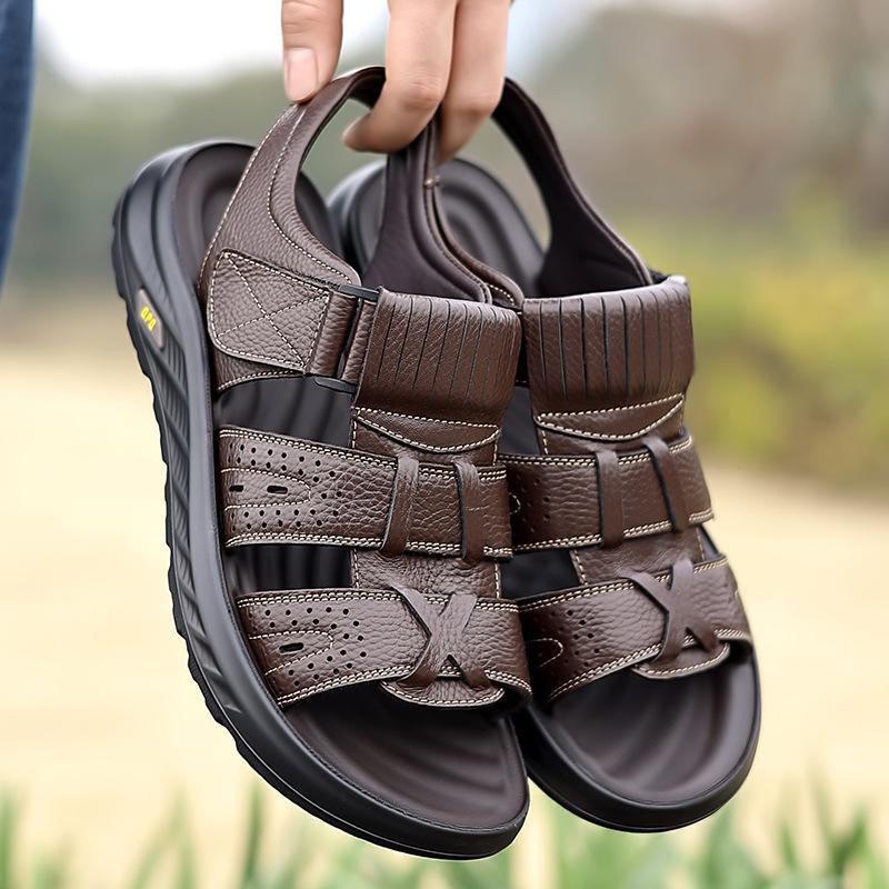 Summer new men's sandals cowhide beach shoes casual platform slippers Velcro white men's leather sandals