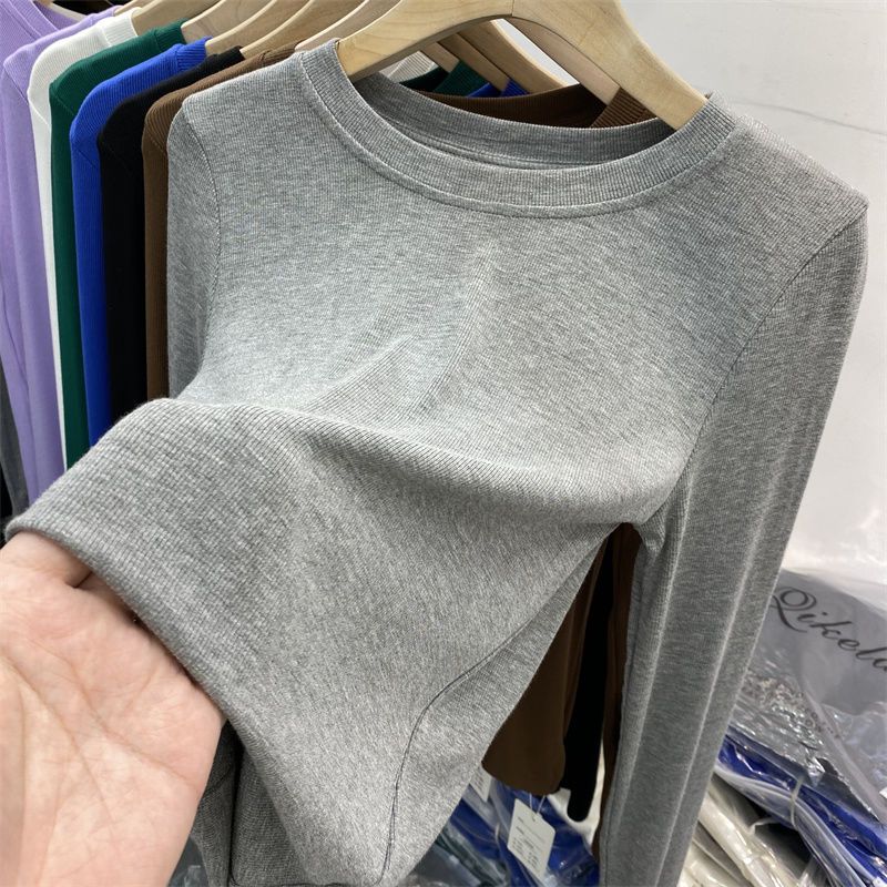 European O-neck Solid Color Long Sleeve T-shirt  Spring New Fashionable Versatile Elastic Bottom Shirt Top