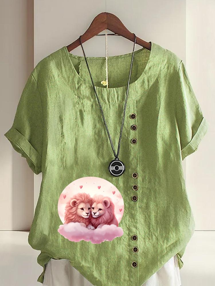 

Women s Fashion Couple Lion Print Casual Cotton Linen Short Sleeve Round Neck T-shirt Shirt Leisure Loose Summer Blouse Tops 5XL зелений