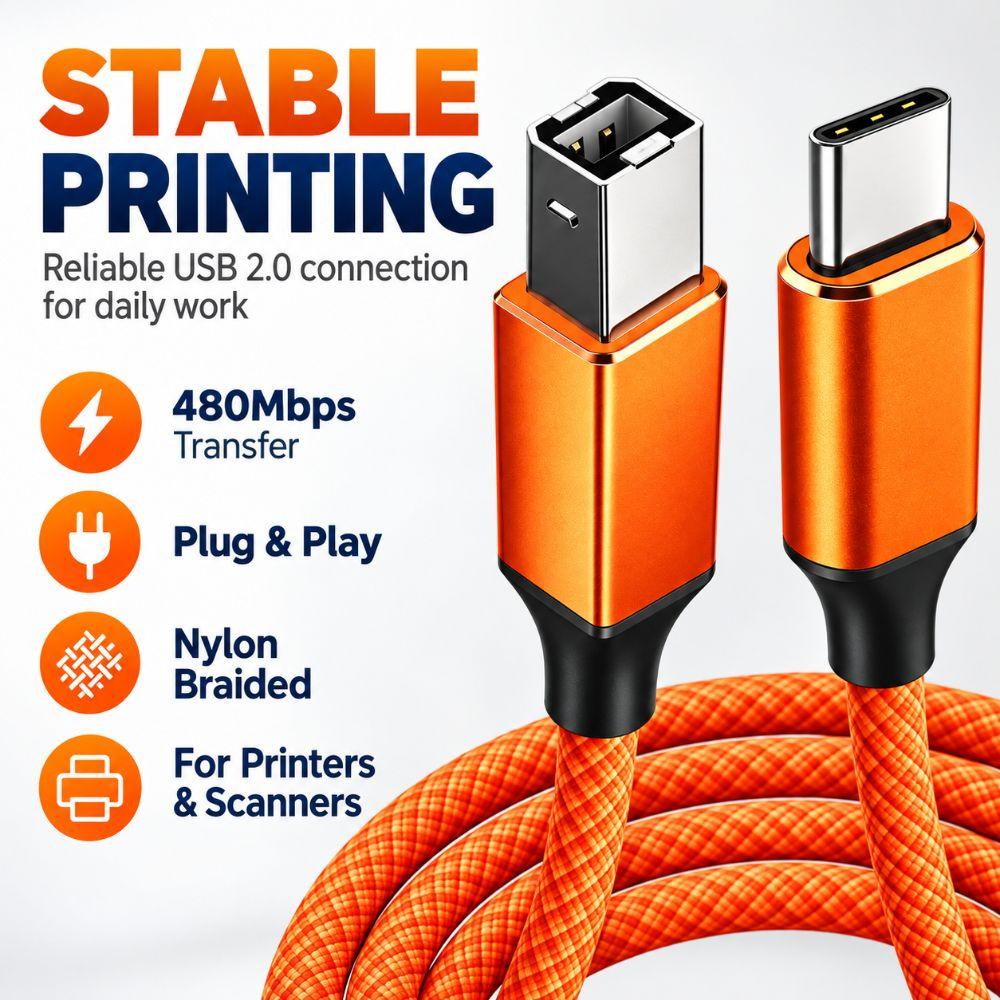 USB 2.0 USB-C Printer Cable 480Mbps Scanner Connection Cable USB-B Data Cord Fax Machine