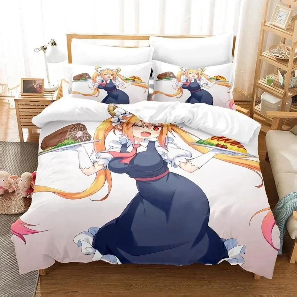 3D Kawaii Girl Miss Kobayashi's Dragon Maid Bedding Set Anime Three-piece Set Adult Kid Bedroom Duvet Cover Sets Home Textiles